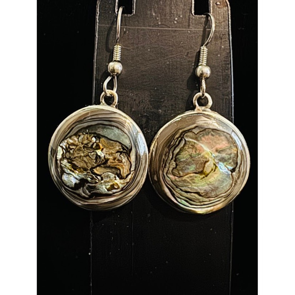 Alpaca Silver Mexico Abalone Shell Round Dangle Drop Earrings Iridescent Boho